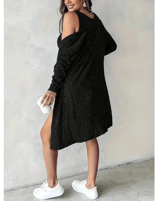 Kadın Askılı Yuvarlak Yakalı önü Düğmeli şardonlu Kaşkorse Mini Elbise Ve Kısa Ceket