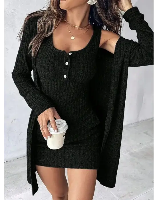 Kadın Askılı Yuvarlak Yakalı önü Düğmeli şardonlu Kaşkorse Mini Elbise Ve Kısa Ceket