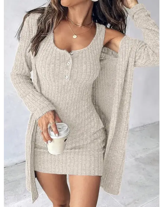 Kadın Askılı Yuvarlak Yakalı önü Düğmeli şardonlu Kaşkorse Mini Elbise Ve Kısa Ceket