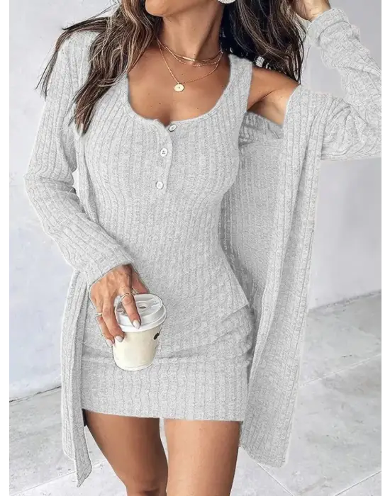 Kadın Askılı Yuvarlak Yakalı önü Düğmeli şardonlu Kaşkorse Mini Elbise Ve Kısa Ceket