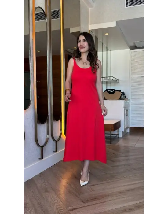 Omarı Yuvarlak Yakalı Kadın Askılı Elbise
