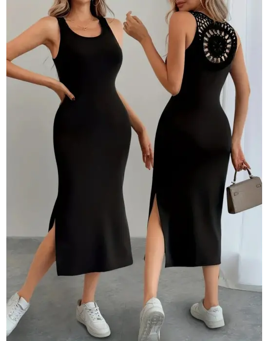 Kadın Askılı Yuvarlak Yakalı Yandan Yırtmaçlı Arkası Dantel Detaylı Viskon Elbise