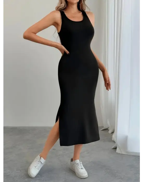 Kadın Askılı Yuvarlak Yakalı Yandan Yırtmaçlı Arkası Dantel Detaylı Viskon Elbise