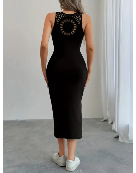 Kadın Askılı Yuvarlak Yakalı Yandan Yırtmaçlı Arkası Dantel Detaylı Viskon Elbise