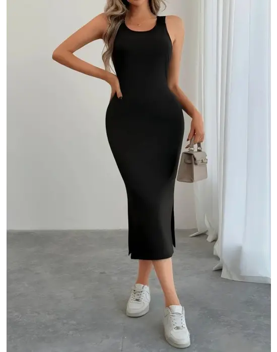 Kadın Askılı Yuvarlak Yakalı Yandan Yırtmaçlı Arkası Dantel Detaylı Viskon Elbise