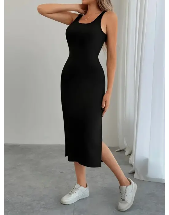 Kadın Askılı Yuvarlak Yakalı Yandan Yırtmaçlı Arkası Dantel Detaylı Viskon Elbise