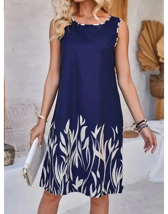 Omarı Yaprak Desenli Kadın Askılı Elbise