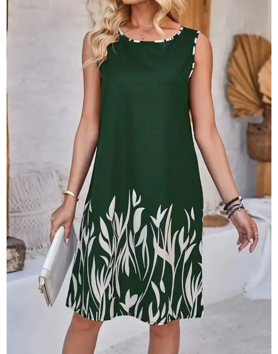 Kadın Askılı Yuvarlak Yakalı Yaprak Desenli Dalgıç Elbise