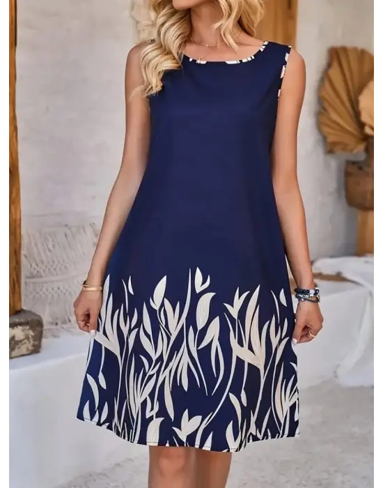 Omarı Yaprak Desenli Kadın Askılı Elbise