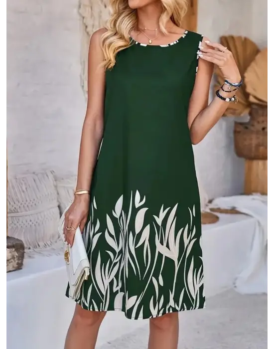 Kadın Askılı Yuvarlak Yakalı Yaprak Desenli Dalgıç Elbise