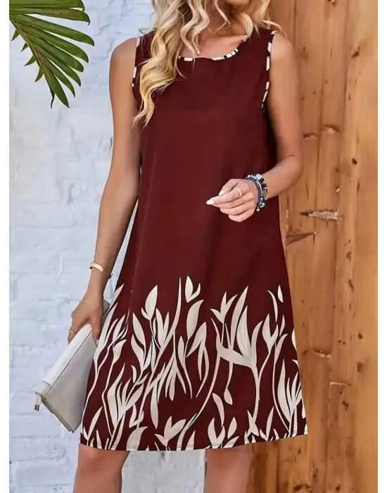 Omarı Yaprak Desenli Kadın Askılı Elbise