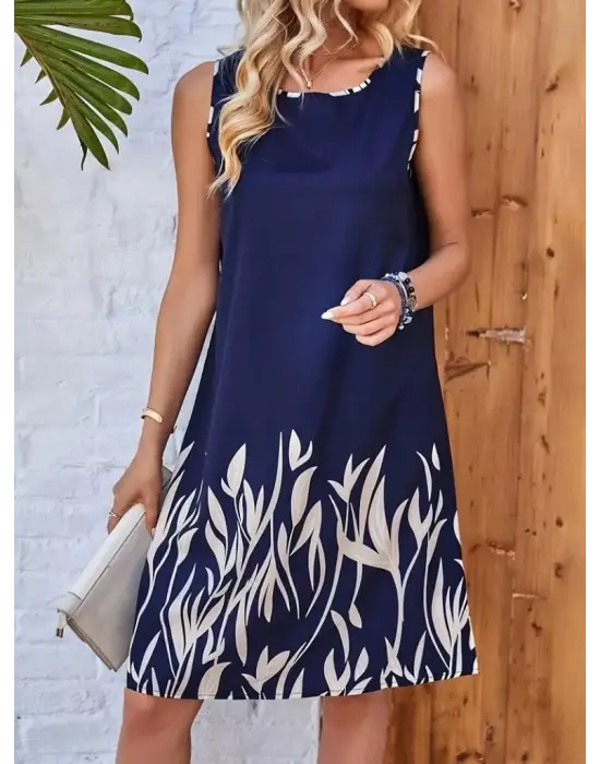 Omarı Yaprak Desenli Kadın Askılı Elbise