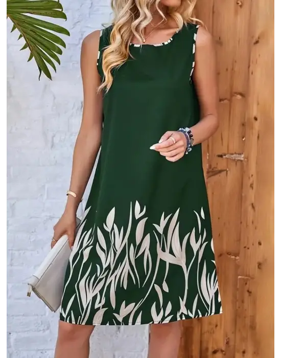 Kadın Askılı Yuvarlak Yakalı Yaprak Desenli Dalgıç Elbise