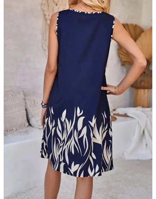 Omarı Yaprak Desenli Kadın Askılı Elbise