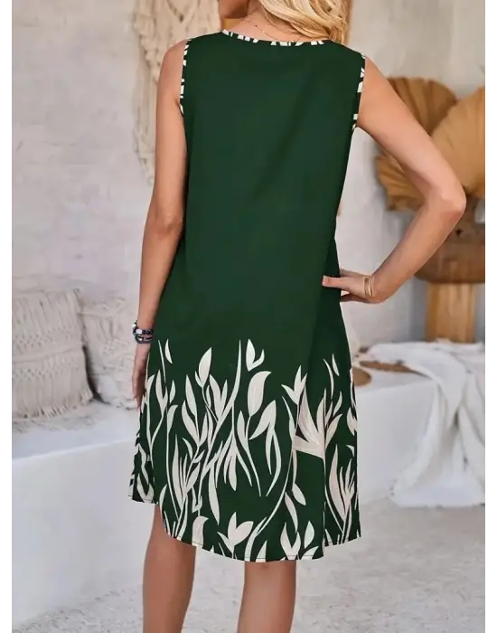 Kadın Askılı Yuvarlak Yakalı Yaprak Desenli Dalgıç Elbise