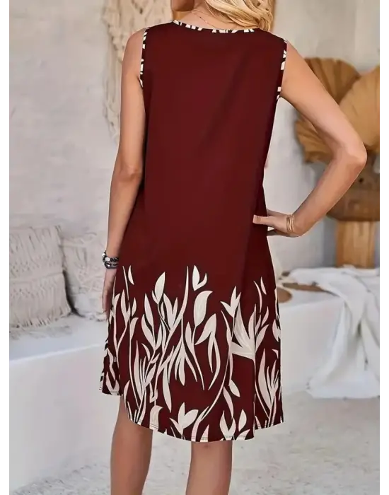 Omarı Yaprak Desenli Kadın Askılı Elbise