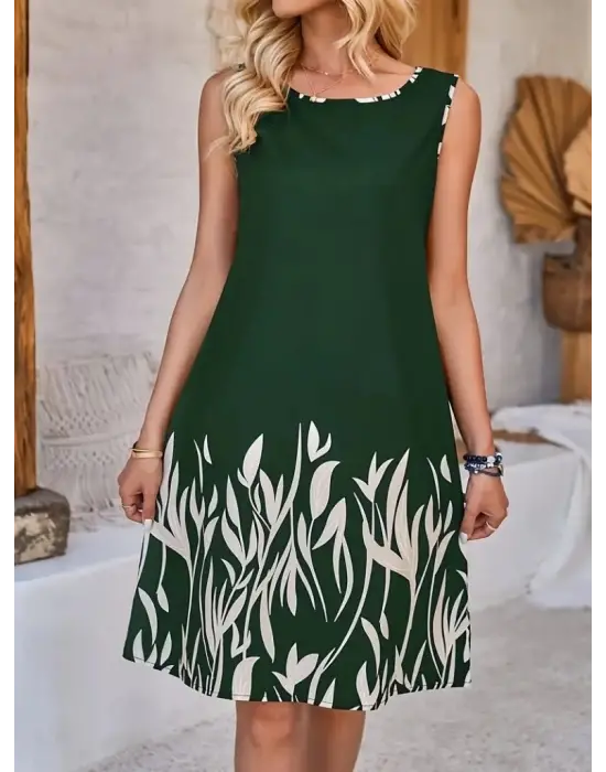 Kadın Askılı Yuvarlak Yakalı Yaprak Desenli Dalgıç Elbise