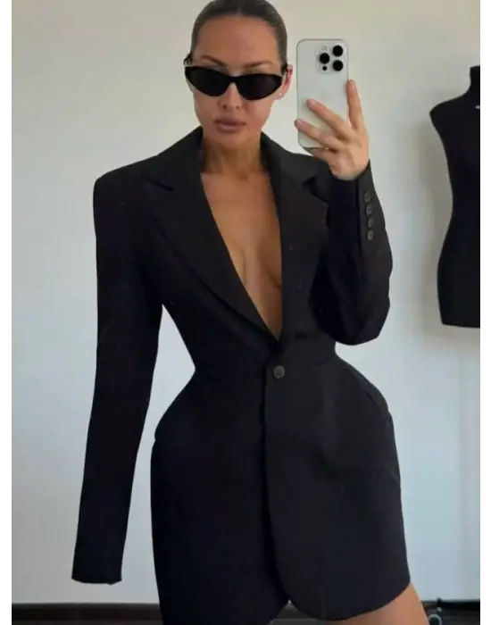 Kadın Atlas-dokuma Kumaş Birleşimi Ceket Elbise