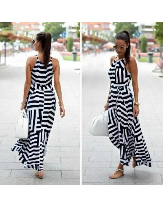 Kadın Ayarlanabilir Askılı Geometrik Desen Kuşaklı Gipeli Süprem Elbise