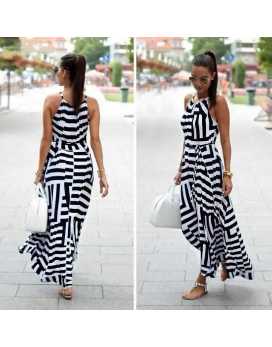 Kadın Ayarlanabilir Askılı Geometrik Desen Kuşaklı Gipeli Süprem Elbise