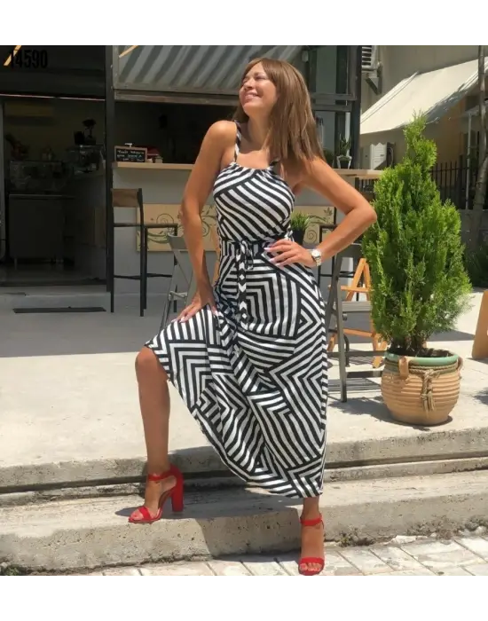 Kadın Ayarlanabilir Askılı Geometrik Desen Kuşaklı Gipeli Süprem Elbise