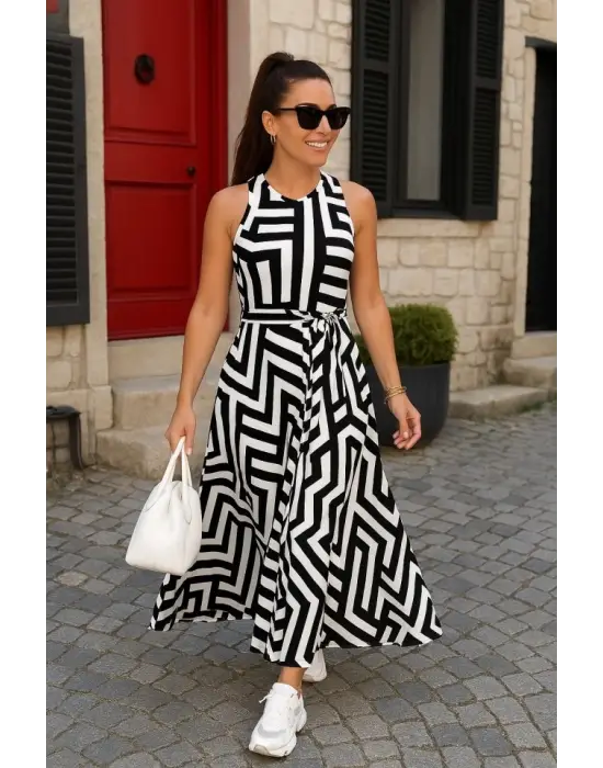 Kadın Ayarlanabilir Askılı Geometrik Desen Kuşaklı Gipeli Süprem Elbise