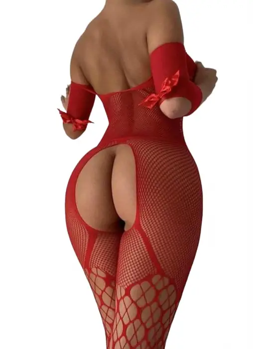 Omarı Çekici Kırmızı Babydoll Fantezi Kıyafet Vücut Çorabı
