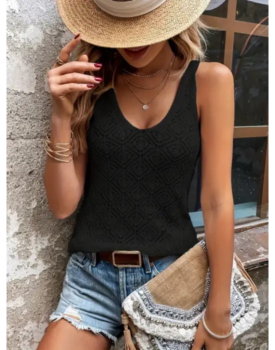 Omarı Kalın Askılı Baklava Desenli Triko Bluz