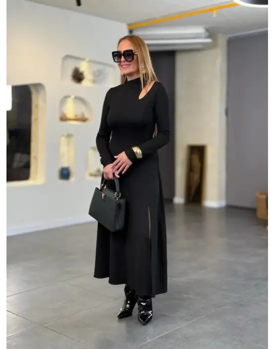 Kadın Balıkçı Yaka Damla Detaylı Yırtmaçlı Uzun Viskon Iki Iplik Maxi Elbise