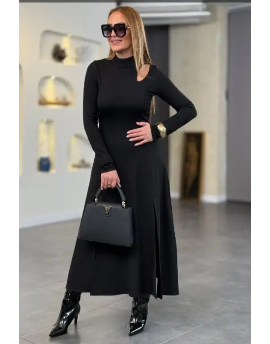 Kadın Balıkçı Yaka Damla Detaylı Yırtmaçlı Uzun Viskon Iki Iplik Maxi Elbise