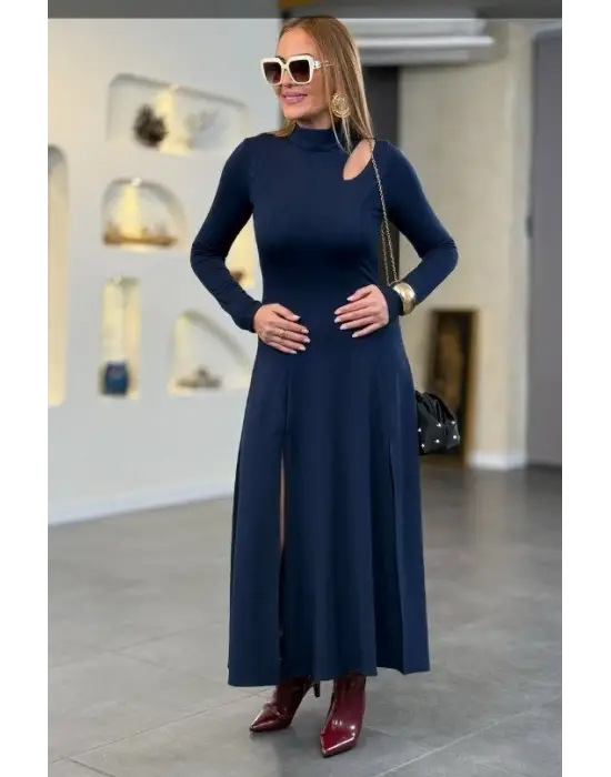 Kadın Balıkçı Yaka Damla Detaylı Yırtmaçlı Uzun Viskon Iki Iplik Maxi Elbise