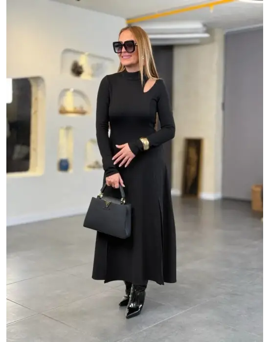 Kadın Balıkçı Yaka Damla Detaylı Yırtmaçlı Uzun Viskon Iki Iplik Maxi Elbise