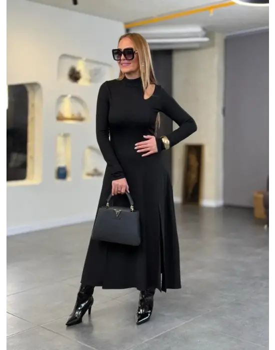 Kadın Balıkçı Yaka Damla Detaylı Yırtmaçlı Uzun Viskon Iki Iplik Maxi Elbise