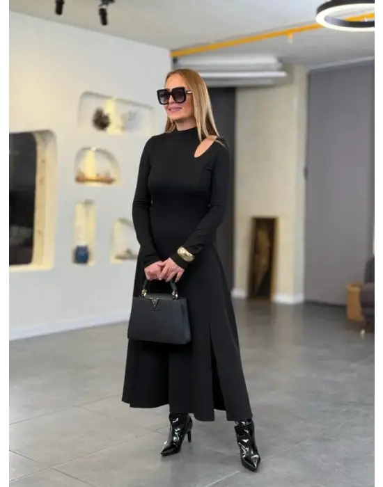 Kadın Balıkçı Yaka Damla Detaylı Yırtmaçlı Uzun Viskon Iki Iplik Maxi Elbise