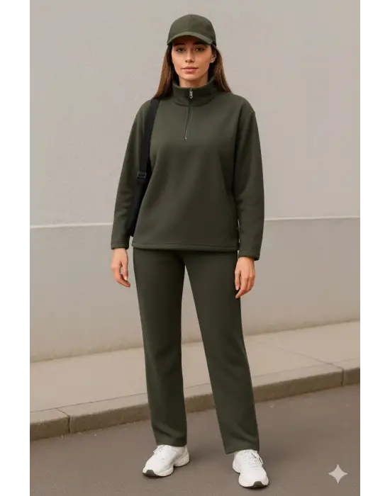 Kadın Balıkçı Yaka Fermuar Detay Polar Sweat Ve Pantolon Ikili Takım