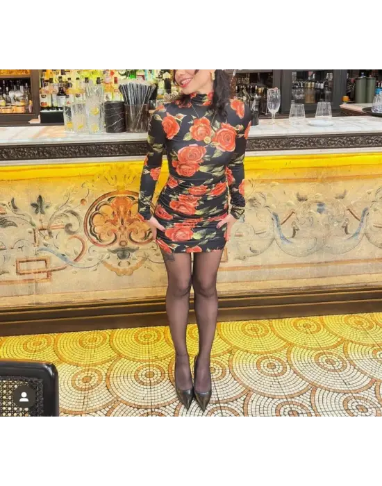 Omarı Gül Desenli Kadın Balıkçı Yaka Mini Elbise