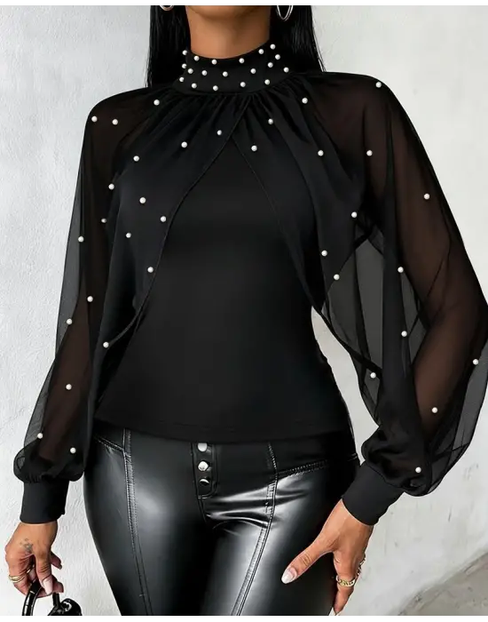 Kadın Balıkçı Yaka Incili Pelerin Ithal Krep Bluz