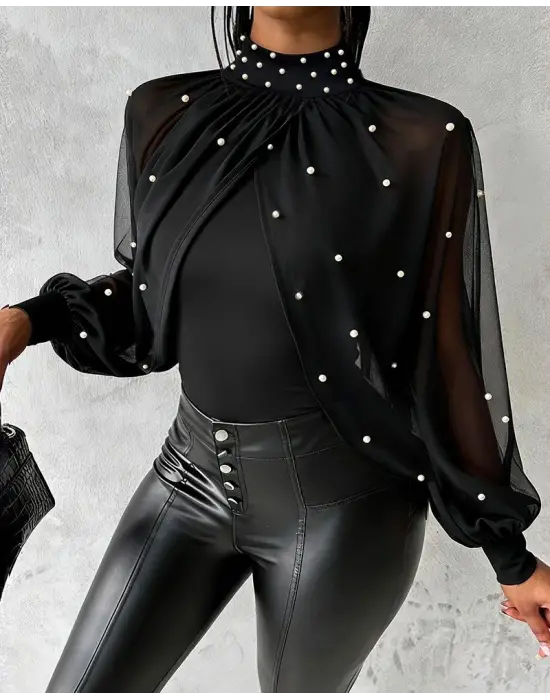 Kadın Balıkçı Yaka Incili Pelerin Ithal Krep Bluz