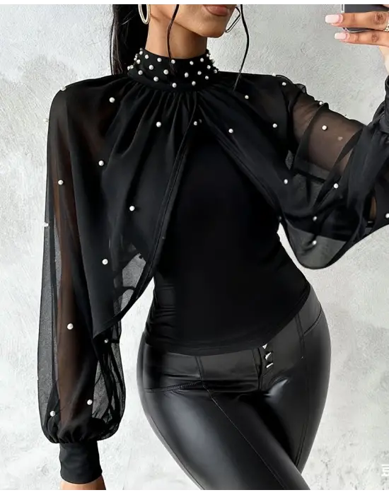 Kadın Balıkçı Yaka Incili Pelerin Ithal Krep Bluz