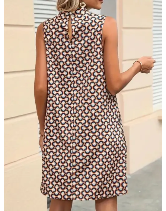 Kadın Balıkçı Yaka Kolsuz Desenli Dalgıç Elbise