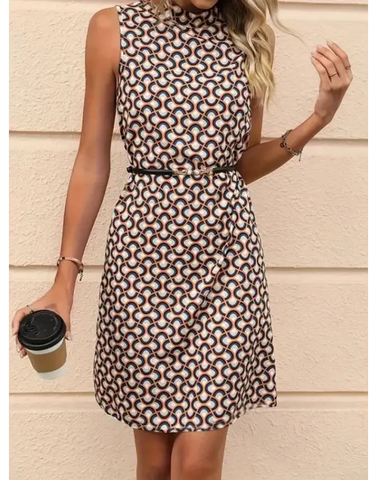 Kadın Balıkçı Yaka Kolsuz Desenli Dalgıç Elbise