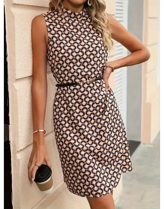 Kadın Balıkçı Yaka Kolsuz Desenli Dalgıç Elbise