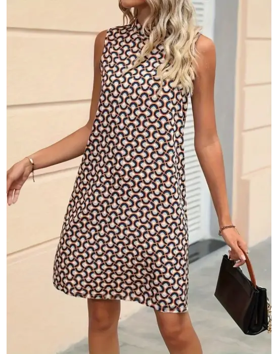 Kadın Balıkçı Yaka Kolsuz Desenli Dalgıç Elbise