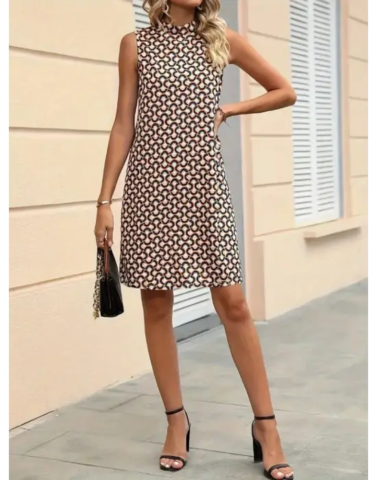 Kadın Balıkçı Yaka Kolsuz Desenli Dalgıç Elbise