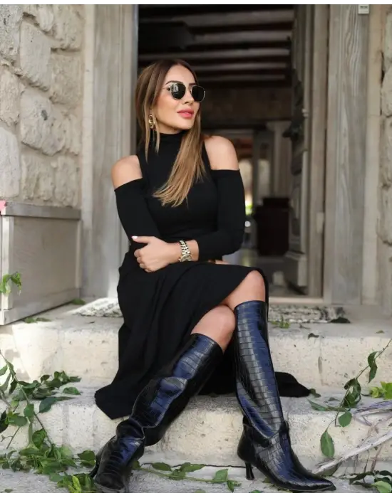 Kadın Balıkçı Yaka Omuzlardan Açık Uzun Kollu Janjan Krep Elbise