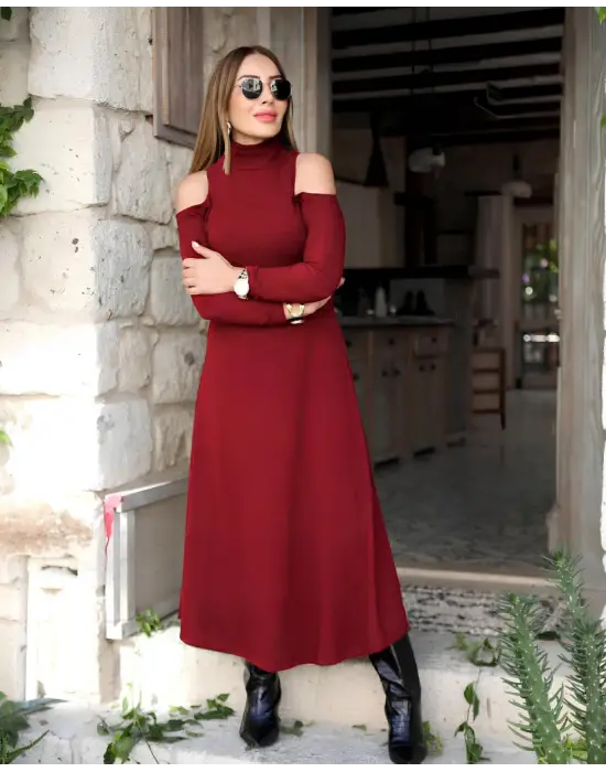 Kadın Balıkçı Yaka Omuzlardan Açık Uzun Kollu Janjan Krep Elbise