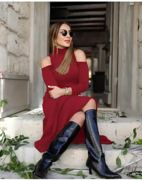 Kadın Balıkçı Yaka Omuzlardan Açık Uzun Kollu Janjan Krep Elbise