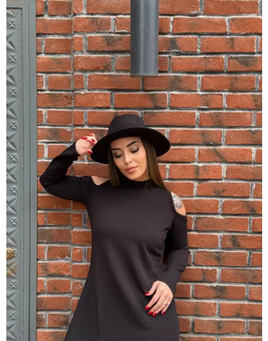 Kadın Balıkçı Yaka Omuzlardan Açık Uzun Kollu Janjan Krep Elbise