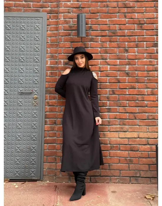 Kadın Balıkçı Yaka Omuzlardan Açık Uzun Kollu Janjan Krep Elbise