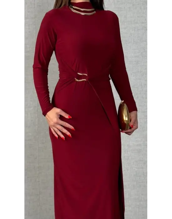 Kadın Balıkçı Yaka Toka Detay Sandy Kumaş Midi Boy Elbise